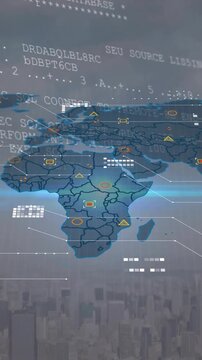 Animation of computer language and map over modern cityscape against cloudy sky