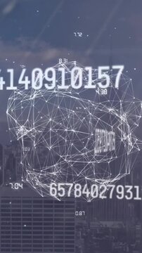 Animation of computer language, map, globe and computer language over modern cityscape