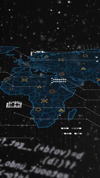 Animation of geometric shapes on map and computer language over black background