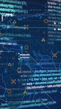 Animation of binary codes, computer language and geometric shapes on map over blue background