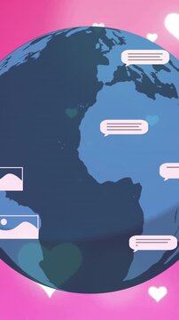 Animation of message boxes, pictures and falling heart shape with globe over pink background