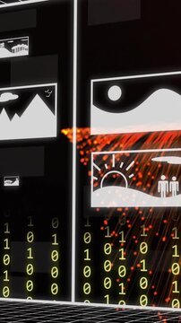 Animation of digital profile pictures, falling binary codes and abstract pattern on black background