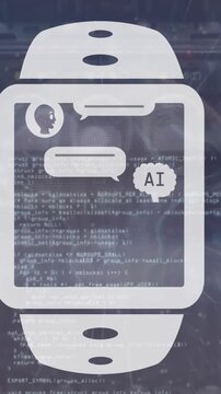 Animation of ai chat box in digital watch over computer language against cables