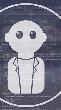 Animation of robot icon in circle with computer language over cables