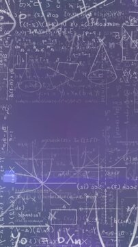 Animation of mathematical equations and diagrams with lens flares over black background