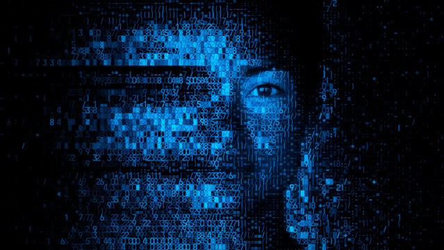 Woman's Face formed from Computer Code. Facial Recognition Login Concept.