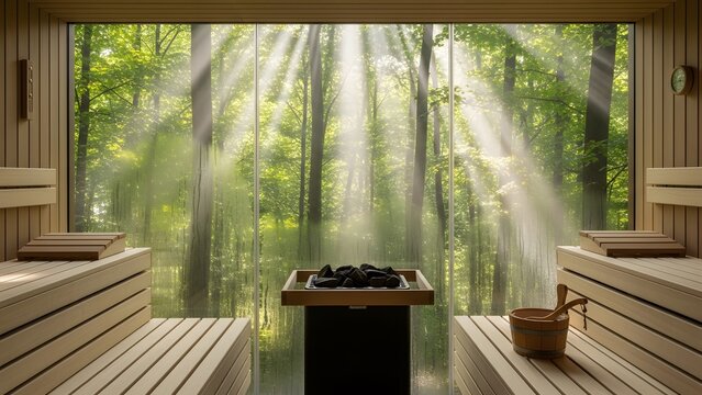 Luxury sauna interior with forest view and wooden bucket and ladle