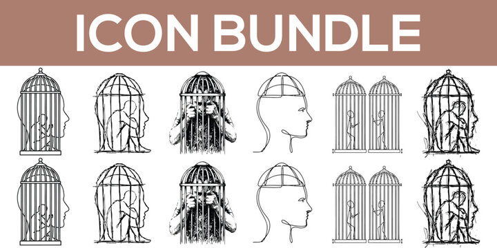 Hand Drawn Icon Bundle. Vintage mental health illustrations featuring head in birdcage. Monochrome psychological distress symbols, sanity concepts, and anxiety pictograms for design