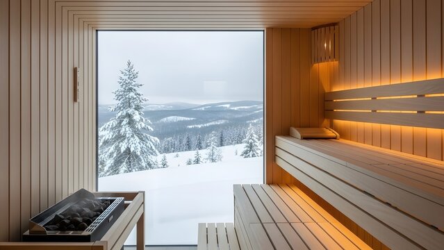 Modern sauna room with large glass window overlooking snowy winter landscape