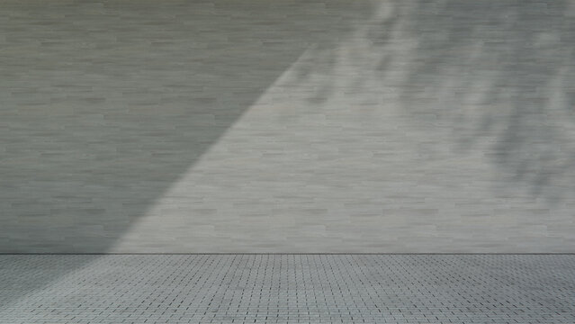 Bare Concrete Tile Wall and Concrete Paver Floor in Direct Sunlight Outdoor Area Setting with Leaf Shadows. Structure Concept with copy-space.