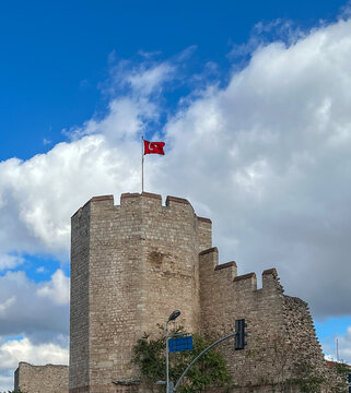 Historic Stone Tower with Turkish Flag on Ancient City Walls Istanbul
