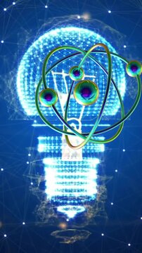 Animation of atomic structures over light bulb and networks on blue background