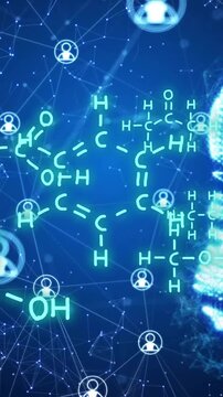 Animation of element diagrams and icons over light bulb and networks on blue