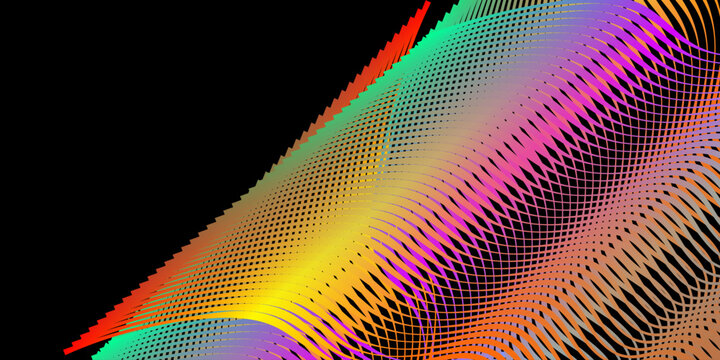An abstract futuristic wave design featuring dynamic colorful lines creating a geometric pattern against a
