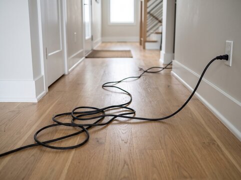 Electrical Extension Cord Across Floor Creating a Trip Hazard at Home