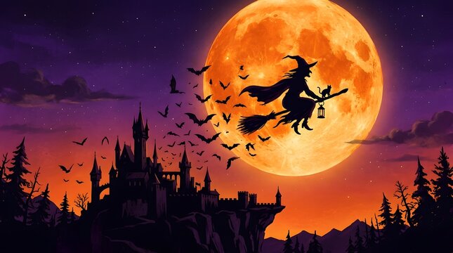 Witch flying on a broomstick silhouette against a giant orange moon
