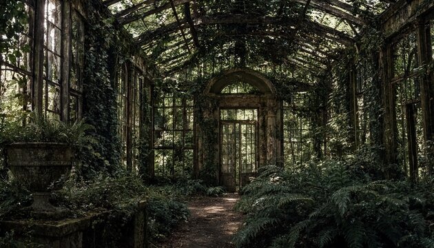 Interior view of an abandoned victorian greenhouse filled with overgrown plants and ivy vines