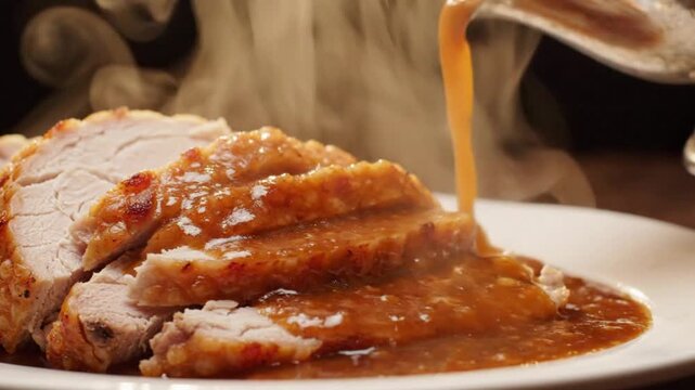 Pouring Warm Savory Gravy from Gravy Boat Over Steaming Sliced Roasted Turkey Breast on White Platter for Thanksgiving Holiday Family Dinner Feast