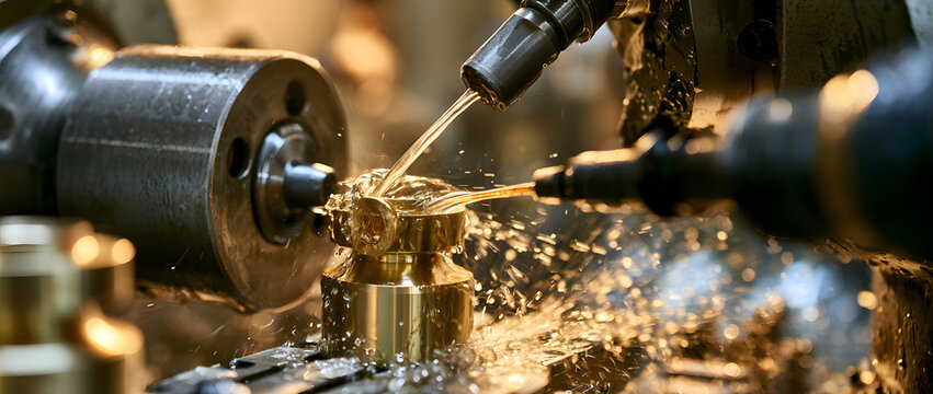 CNC lathe machining brass fittings with coolant in an industrial metalworking workshop