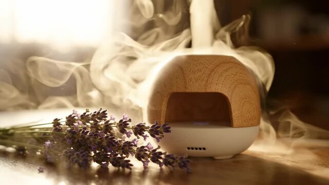 Aromatherapy diffuser releasing fragrant steam beside fresh lavender sprigs, creating a serene atmosphere for relaxation and wellness