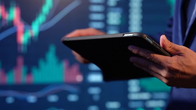 Businessperson using a tablet with glowing stock market charts and financial data on screens in the background.
