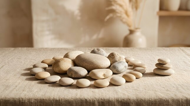 Smooth beige pebbles arranged in circular patterns on textured linen fabric background with soft warm natural lighting and neutral tones