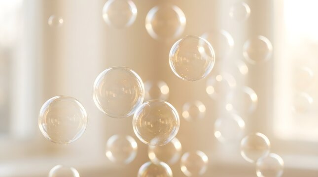Floating transparent soap bubbles drifting through the air against a soft golden light background captured with beautiful natural bokeh effect