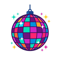 Fototapeta premium Colorful Disco Ball Illustration with Sparkling Stars and Vibrant Geometric Mirror Tiles.