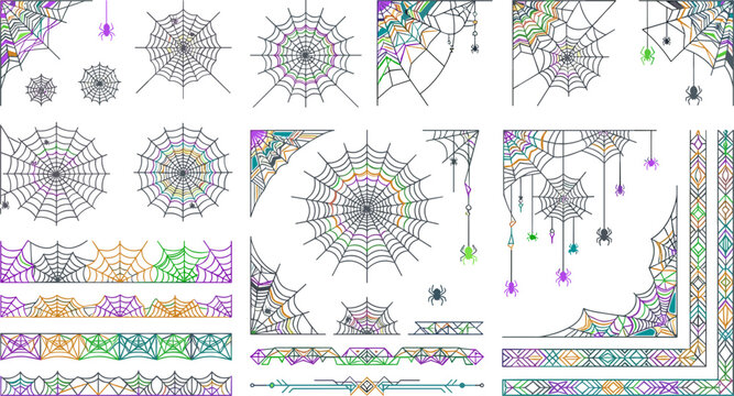 Halloween spider web border and corner frame collection vector set with spiders