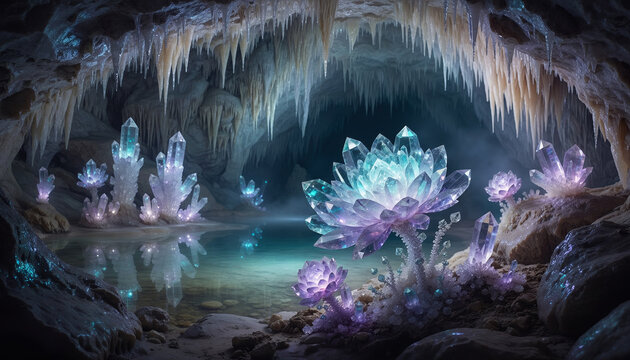 Glowing crystal formations and a luminous water body inside a cave.
