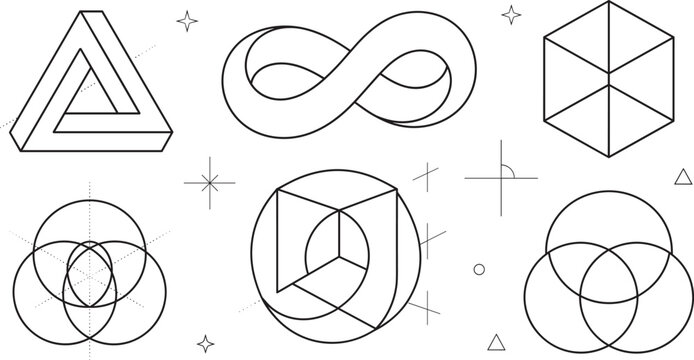 Sacred Geometry Abstract Mathematical Shapes and Impossible Paradox Objects Line Art Vector Set