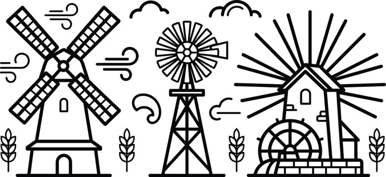 Traditional Windmill Farm Watermill and Sustainable Renewable Wind Energy Vector Line Icon Set,