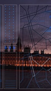 Animation of interface with data processing against aerial view of sea and cityscape