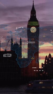 Animation of data processing and world map against city traffic and big ben tower