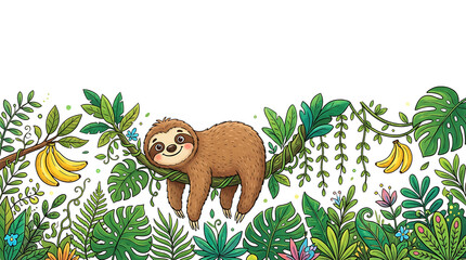 Fototapeta premium Adorable cartoon sloth hanging on a branch surrounded by lush tropical foliage and bananas