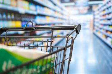 Close-up of a shopping cart in a bright supermarket aisle with blurred shelves of food and household products, showing everyday grocery shopping. © NanSan