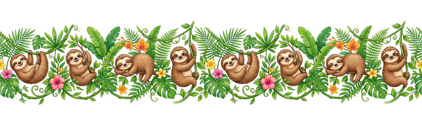 Fototapeta premium Cute cartoon sloths hanging on vines with tropical leaves and flowers. horizontal decorative borde