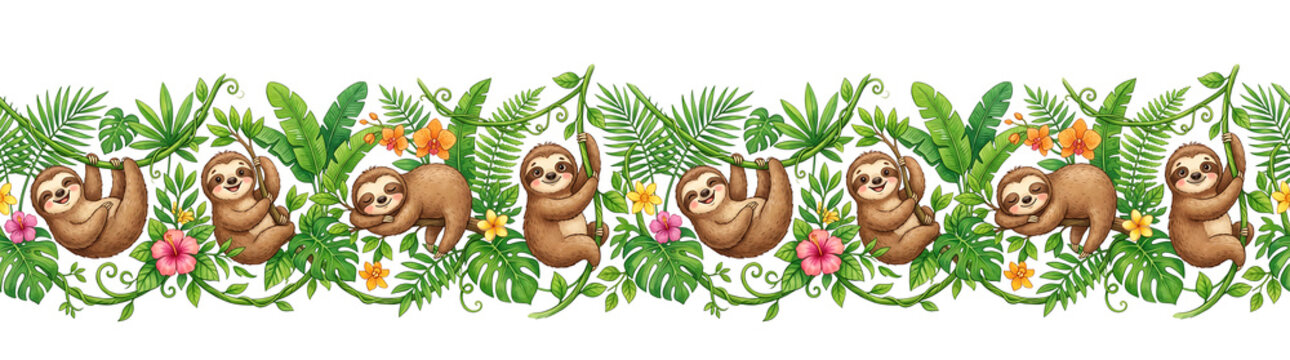 Cute cartoon sloths hanging on vines with tropical leaves and flowers. horizontal decorative borde