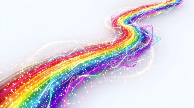 Vibrant rainbow wave flowing across a clean white background featuring glowing particles and intricate digital light lines creating dynamic energy