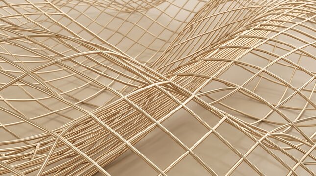 Golden wireframe grid surface with abstract metallic texture and geometric mesh pattern