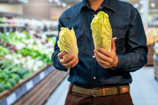 Man comparing two fresh napa cabbages in the produce aisle of a supermarket, choosing healthy vegetables for grocery shopping.
