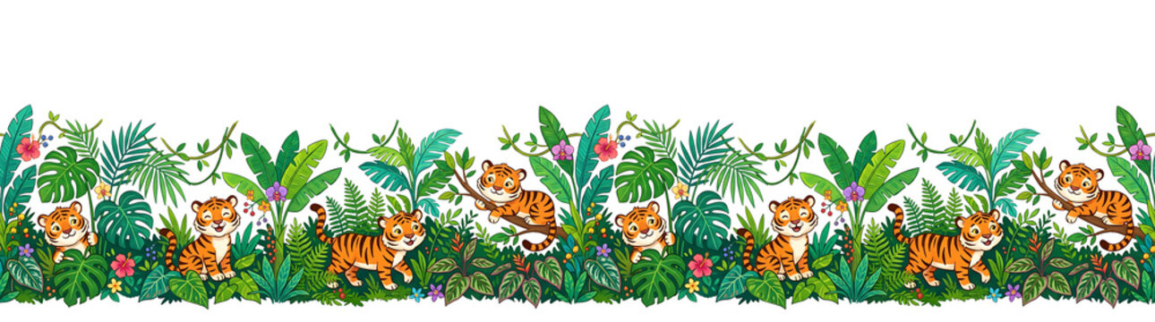 Cute cartoon tigers and tropical jungle leaves. lush greenery. flowers. and vines. playful border