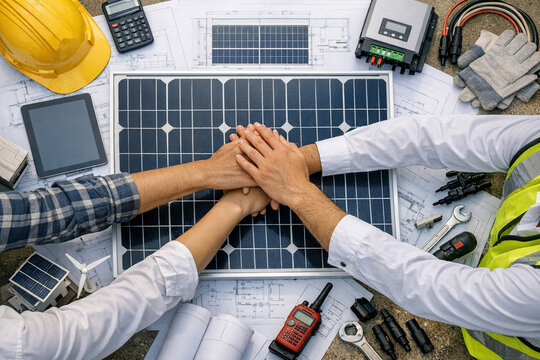 Hands of workers teaming up on construction site, holding solar panels as a symbol of cooperation and sustainable energy solutions.