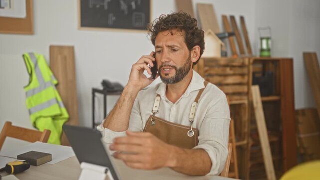 Man carpenter holding smartphone to ear and gesturing with hand over tablet in studio, wood tools and high vis vest visible; problem solving concern.