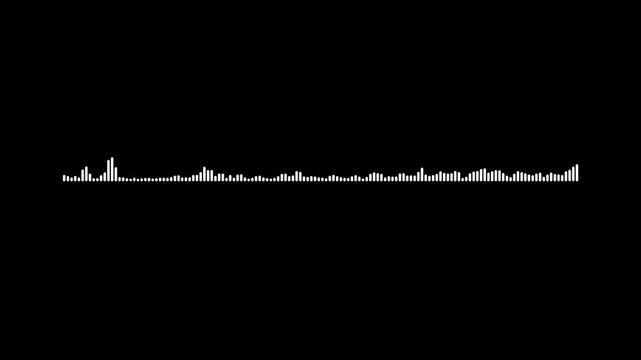 Abstract white audio signal, dynamic waveform spectrum bars, moving music frequency equalizer, podcast sound visualization, digital recording monitor, minimalist technology graphics, black screen. 4k