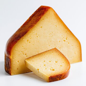 Smoked gouda cheese triangle wedge, golden porous texture on solid white background for recipe, catering, packaging, poster design asset