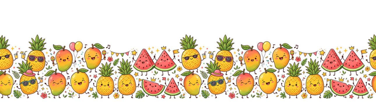 Cute Summer Fruit Characters Dancing at a Party with Balloons and Confetti