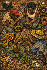 Obraz premium People tending to plants and herbs, celebrating their harvest.