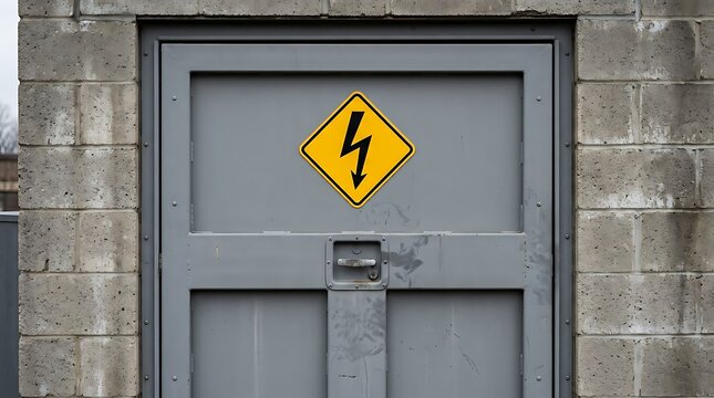 Industrial heavy duty metal door with bright yellow hazard warning sign featuring black lightning bolt symbol for high voltage danger access point in maintenance facility or electrical room