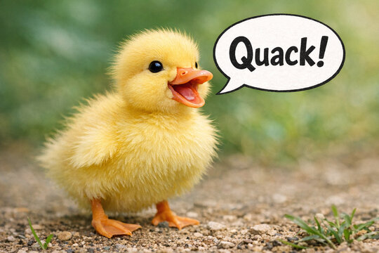 Duckling with big eyes and a little beak saying 'Quack', expressive face, great for educational material or cute pet images.